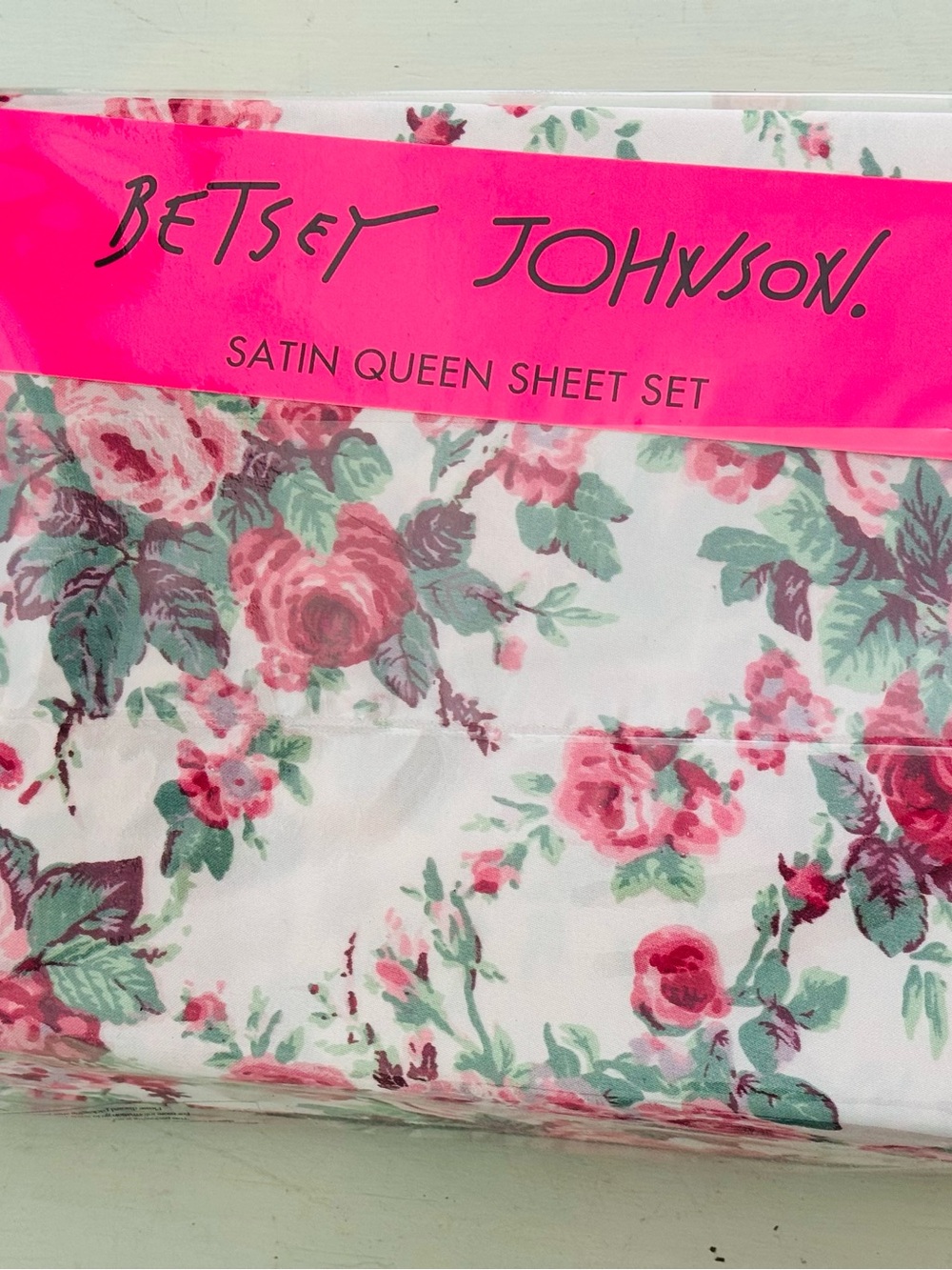 Betsey Johnson Floral Satin Queen Sheet Set in Pink and Green